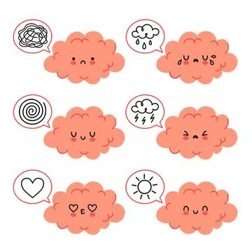 Cute funny brain character in different emotional mood set. Vector hand drawn Stock Illustration