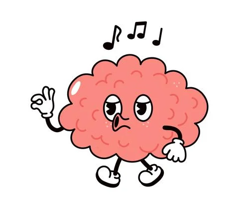 Cute funny brain walking singing character. Vector hand drawn traditional car Stock Illustration