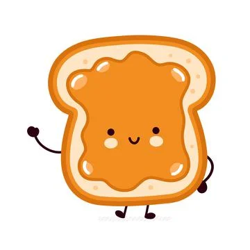 Cute funny bread toast with peanut butter character. Vector flat line cartoon Stockillustratie