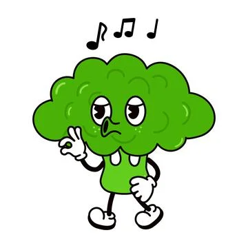 Cute funny broccoli walking singing character. Vector hand drawn traditional  Stock Illustration