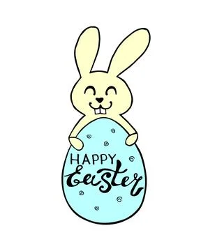 Cute funny bunny with Happy Easter lettering in egg shaped frame. Vector hand Illustrazione stock