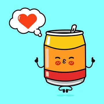 Cute funny can of soda doing yoga with speech bubble. Vector hand drawn carto Illustrazione stock