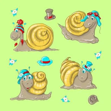 Cute funny cartoon snails in different hats. Illustrazione stock