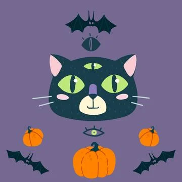 Cute funny cat face. Helloween theme,  bats and pumpkin.Cartoon animal muzzle Stock Illustration