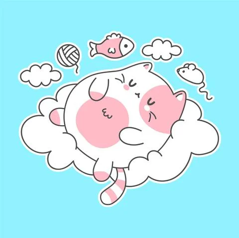 Cute funny cat sleep on cloud character.Vector hand drawn doodle cartoon kawaii Illustrazione stock
