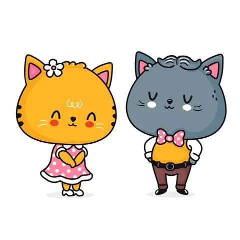 Cute funny cats couple. Vector flat line cartoon kawaii character illustration Stock Illustration