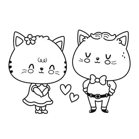 Cute funny cats couple. Vector flat line cartoon kawaii character illustration Stock Illustration