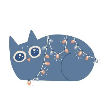 Cute funny Christmas cat in string lights garland. Freehand isolated element Stock Illustration