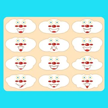 A cute funny clouds with cartoon faces. Vector drawing. Stock Illustration