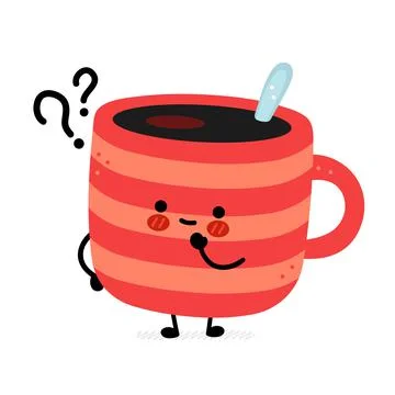 Cute funny coffee mug with question mark . Vector hand drawn cartoon kawaii Stock Illustration