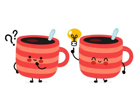 Cute funny coffee mug with question mark and idea lightbulb. Vector hand drawn Stock Illustration