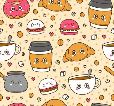 Cute funny coffee seamless pattern,wallpaper,background.Vector hand drawn doodle Stock Illustration