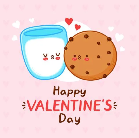 Cute funny cookie and milk glass couple. Happy valentines day card. Vector flat Stock Illustration