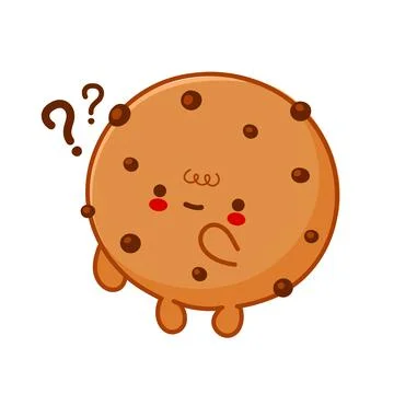 Cute funny cookie with chocolate chips with question marks. Vector flat line Stock Illustration