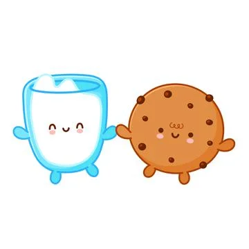 Cute funny cookie with chocolate chips and milk glass. Vector flat line cartoon Stock Illustration
