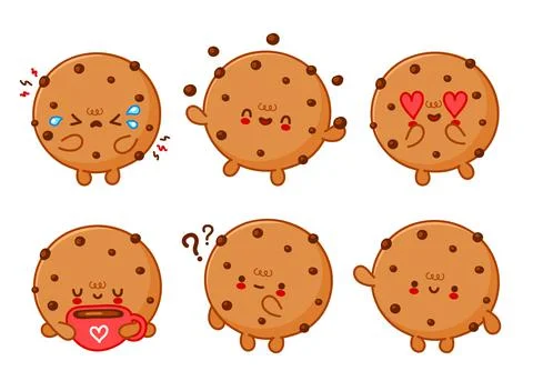 Cute funny cookie with chocolate chips set collection. Vector flat line cartoon Stock Illustration