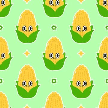 Cute funny corn concept seamless pattern. Vector hand drawn cartoon kawaii ch Stock Illustration