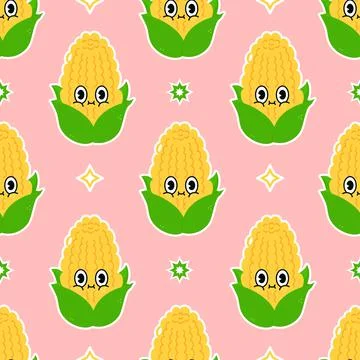 Cute funny corn concept seamless pattern. Vector hand drawn cartoon kawaii ch イラスト素材