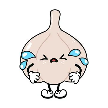Cute funny crying sad garlic character. Vector hand drawn traditional cartoon Stock Illustration