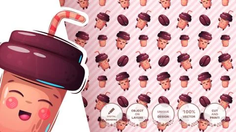 Cute funny cup - seamless pattern Stock Illustration