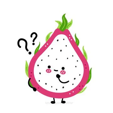 Cute funny dragon fruit with question marks. Vector hand drawn cartoon kawaii Stock Illustration
