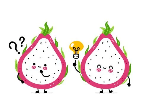 Cute funny dragon fruit with question mark and idea lightbulb. Vector hand drawn Stock Illustration
