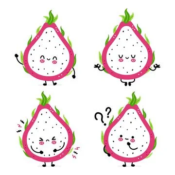 Cute funny dragon fruit set collection. Vector hand drawn cartoon kawaii Stock Illustration