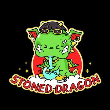 Cute funny dragon smoke weed with bong. Vector hand drawn cartoon kawaii Stock Illustration