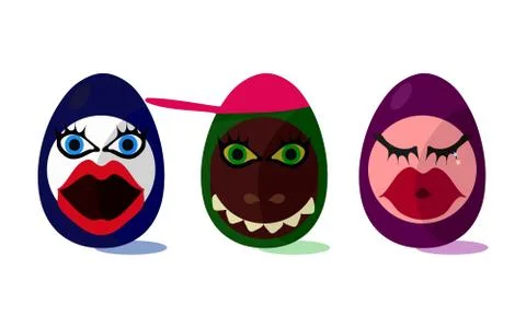 Cute funny Easter eggs with girl and animal face on white background Stock Illustration