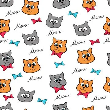 Cute funny faces of gray and red cats with bows, on a white background, with Stock Illustration