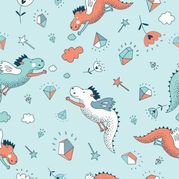 Cute  funny  fantasy  vector  seamless  dragon pattern Stock Illustration