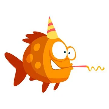 Cute funny fish in party hat with horn blower, little sea creature character Stock Illustration