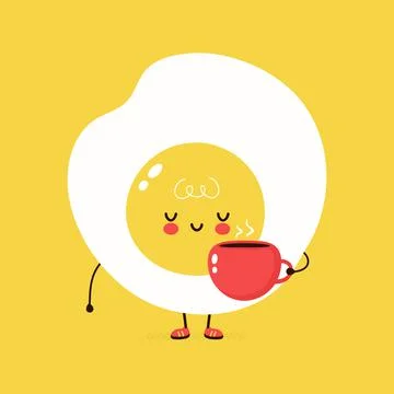 Cute funny Fried Egg with coffee cup character. Vector hand drawn cartoon kawaii Stock Illustration