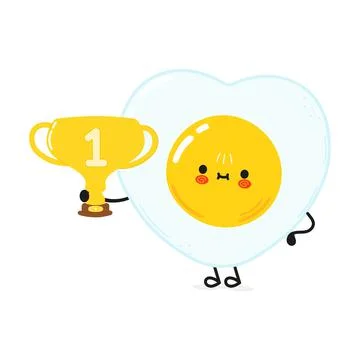 Cute funny fried egg hold gold trophy cup. Vector hand drawn cartoon kawaii c Illustrazione stock