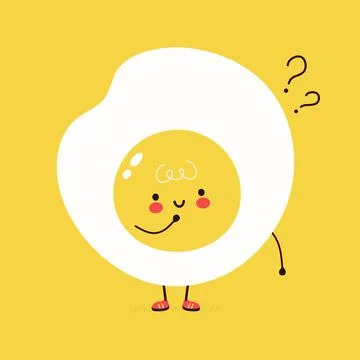 Cute funny Fried Egg with question marks. Vector hand drawn cartoon kawaii Stock Illustration