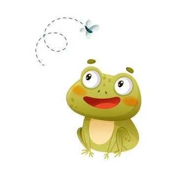 Cute funny frog catching fly. Green funny toad cartoon character vector Illustrazione stock