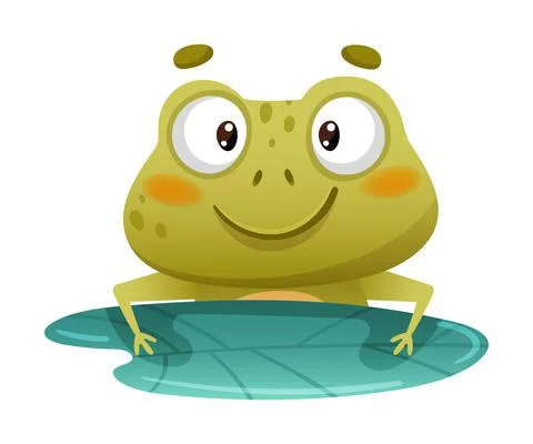 Cute funny frog floating in green leaf. Funny toad cartoon character sitting on Stock Illustration