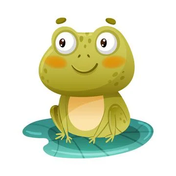 Cute funny frog. Green toad character sitting on lotus leaf in pond cartoon Stock Illustration