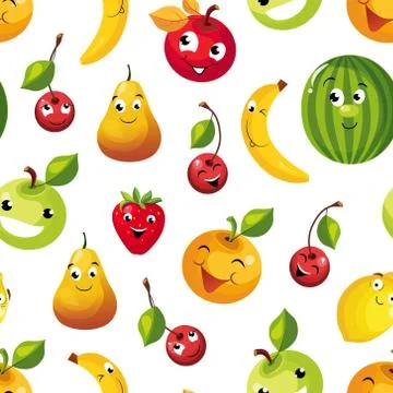 Cute Funny Fruits Seamless Pattern, Pear, Apple, Orange, Cherry, Lemon Stock Illustration