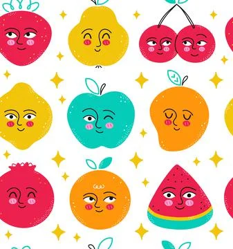 Cute funny fruits seamless pattern. Vector cartoon character illustration design Stock Illustration
