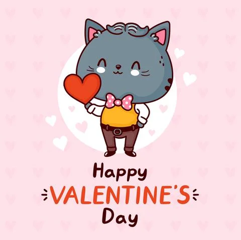 Cute funny gentlemen cat with heart. Happy valentines day card. Vector flat line Stock Illustration
