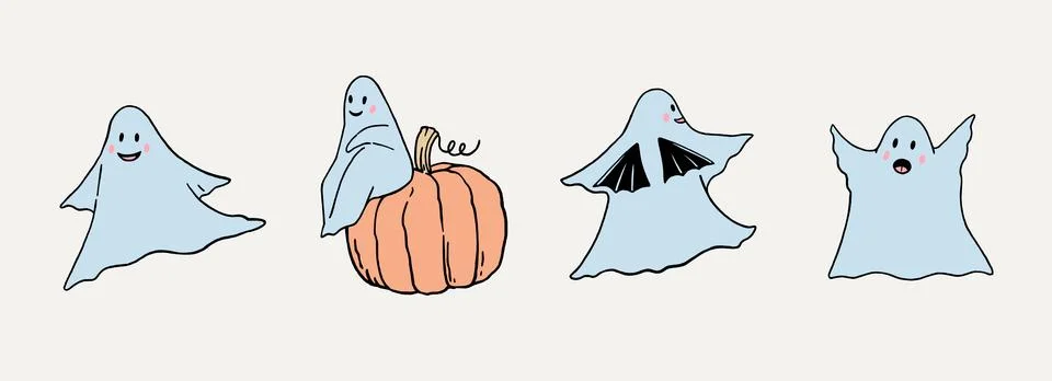 Cute funny ghosts. Hand-drawn vector illustration in trendy freehand style. Stock Illustration