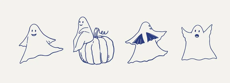 Cute funny ghosts. Hand-drawn vector illustration in trendy freehand style. Stock Illustration