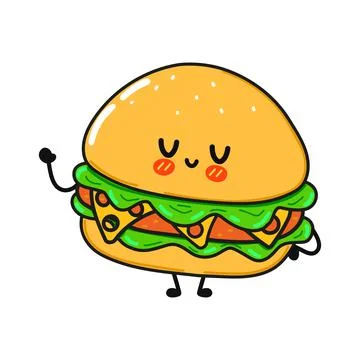 Cute funny hamburger character. Vector hand drawn cartoon kawaii character il Stock Illustration