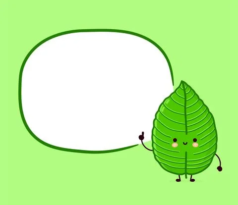 Cute funny happy kratom leaf cube character with text box. Vector flat line 스톡 일러스트