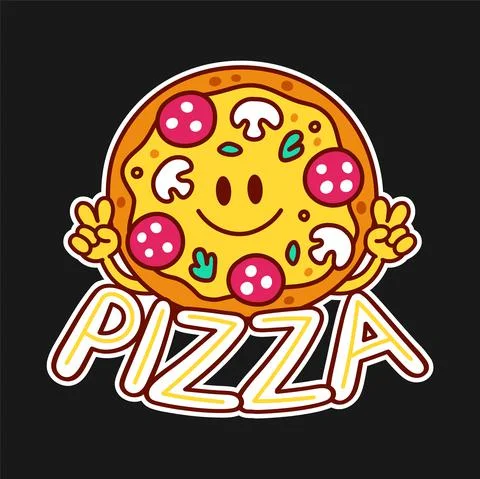 Cute funny happy pizza show peace gesture logo. Vector doodle line cartoon Stock Illustration