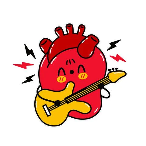 Cute funny heart human organ play on guitar. Vector doodle line cartoon kawaii Stock Illustration