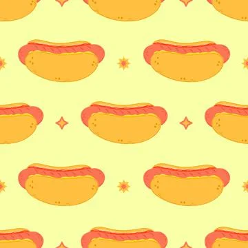 Cute funny hotdog pattern character. Vector hand drawn cartoon kawaii charact イラスト素材