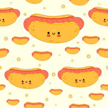 Cute funny hotdog pattern character. Vector hand drawn cartoon kawaii charact Illustrazione stock