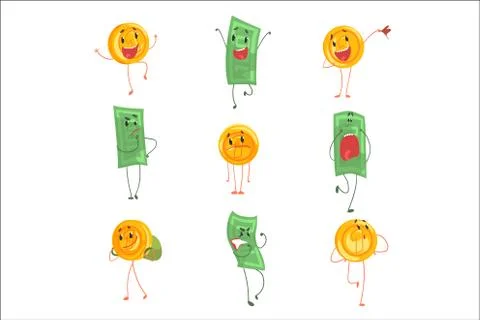 Cute funny humanized banknotes and coins showing different emotions set of Stock Illustration
